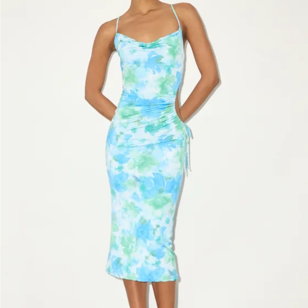 Vibrant Lulus Green and Blue Multi Floral Cutout Drawstring Midi Dress